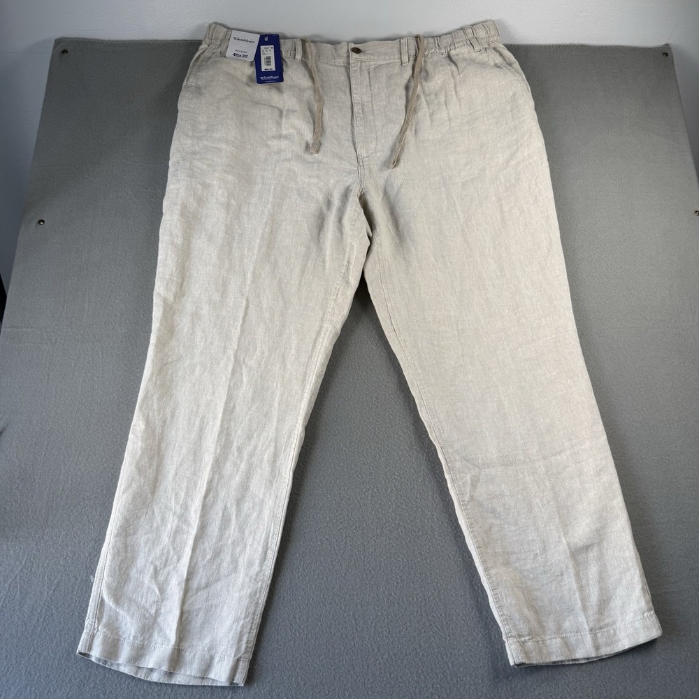NWT Caribbean Roundtree &Yorke Mens 48x32 100%Natural Linen Drawstring Pant Big